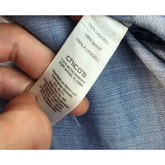 Chicos sz 2 (L) lyocell chambray open tie back halter tank top summer chic EUC - Picture 6 of 8